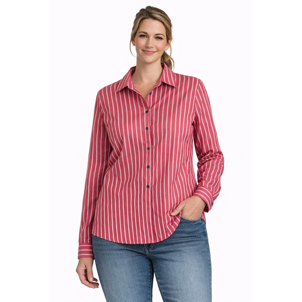 Foxcroft Button Down Shirt Womens 16 Pink Striped Wrinkle Free Shaped Fit Office